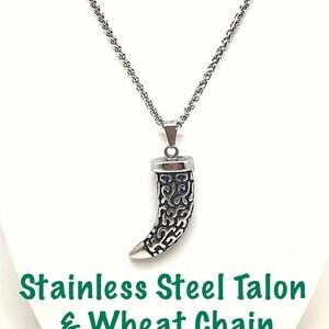 Large Stainless Steel Talon & Wheat Chain Necklace, NEW In Gift Box, Great Gift